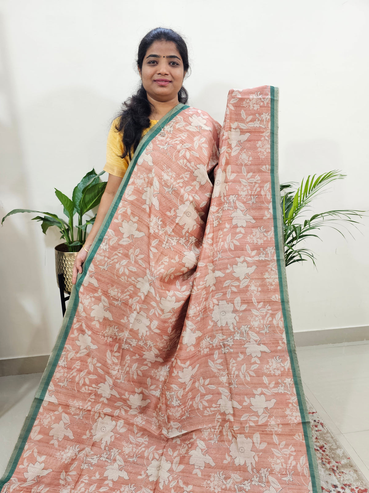 Semi Ghicha Digital Printed Saree - Peach with Dark Green