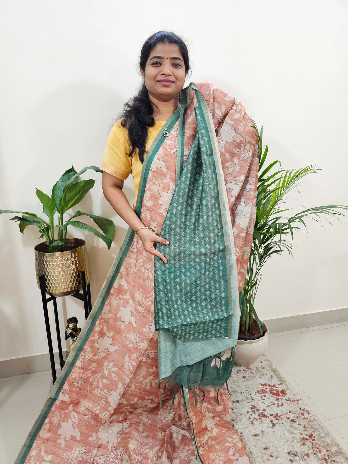 Semi Ghicha Digital Printed Saree - Peach with Dark Green