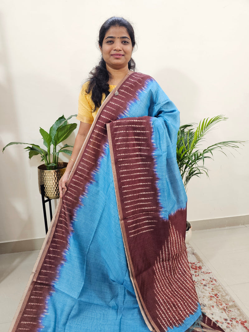 Semi Ghicha Digital Printed Saree - Blue with Maroon