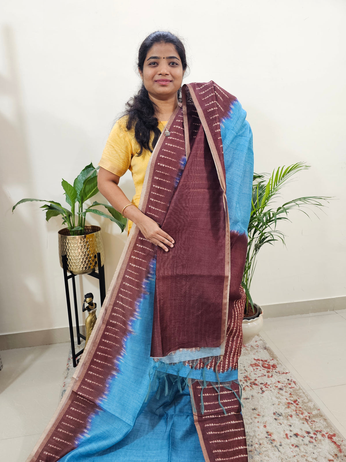 Semi Ghicha Digital Printed Saree - Blue with Maroon