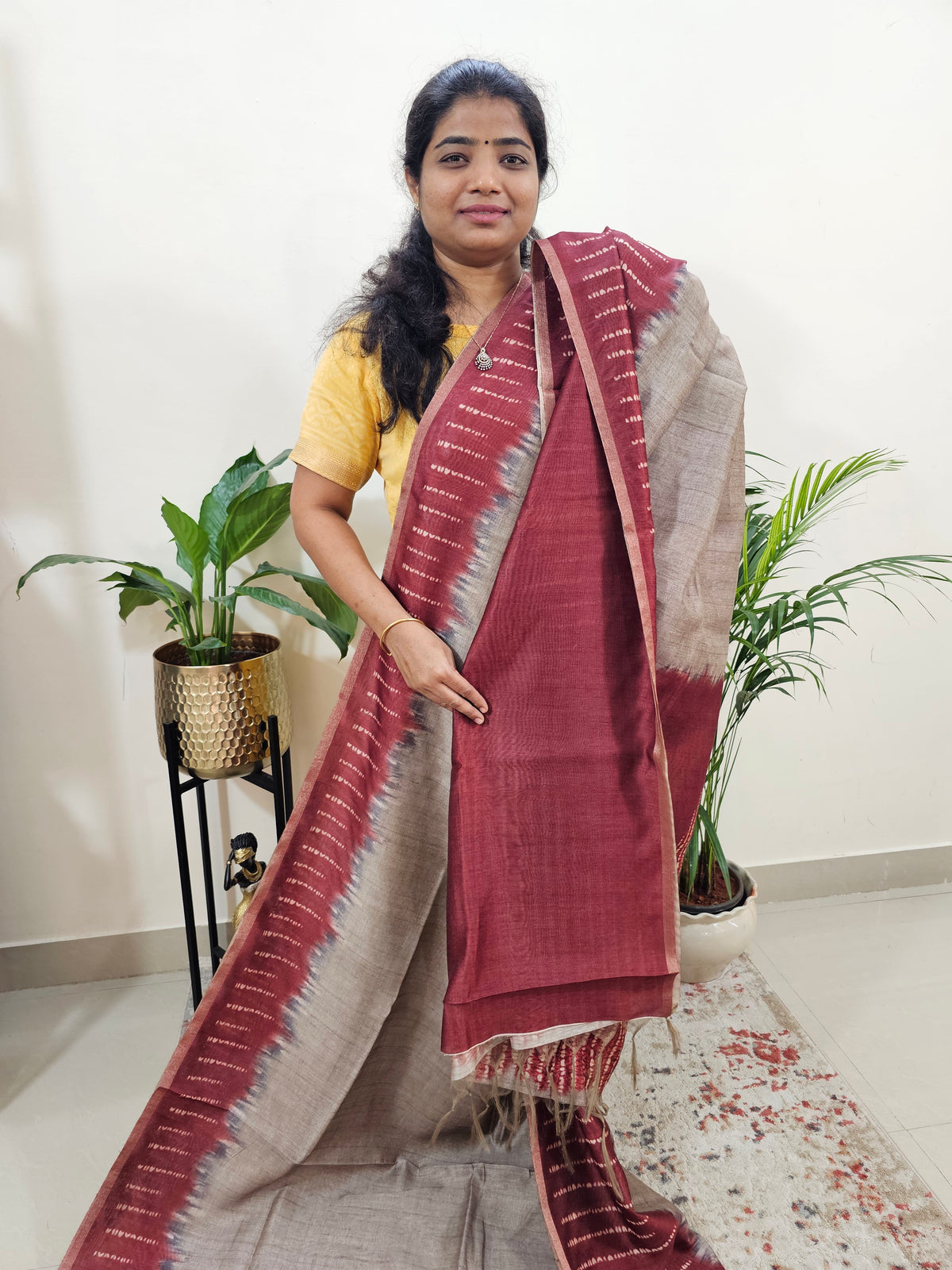 Semi Ghicha Digital Printed Saree - Beige with Maroon