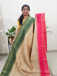 Semi Ghicha Digital Printed Saree - Cream Green with Pink