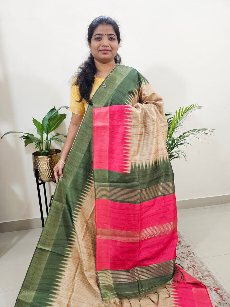 Semi Ghicha Digital Printed Saree - Cream Green with Pink