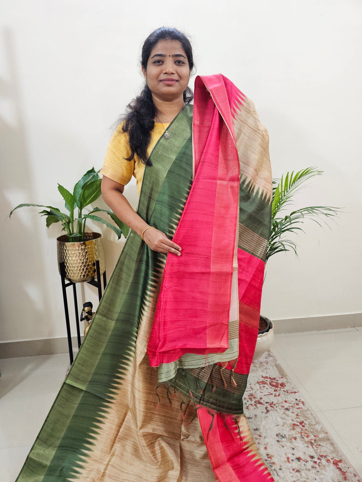 Semi Ghicha Digital Printed Saree - Cream Green with Pink