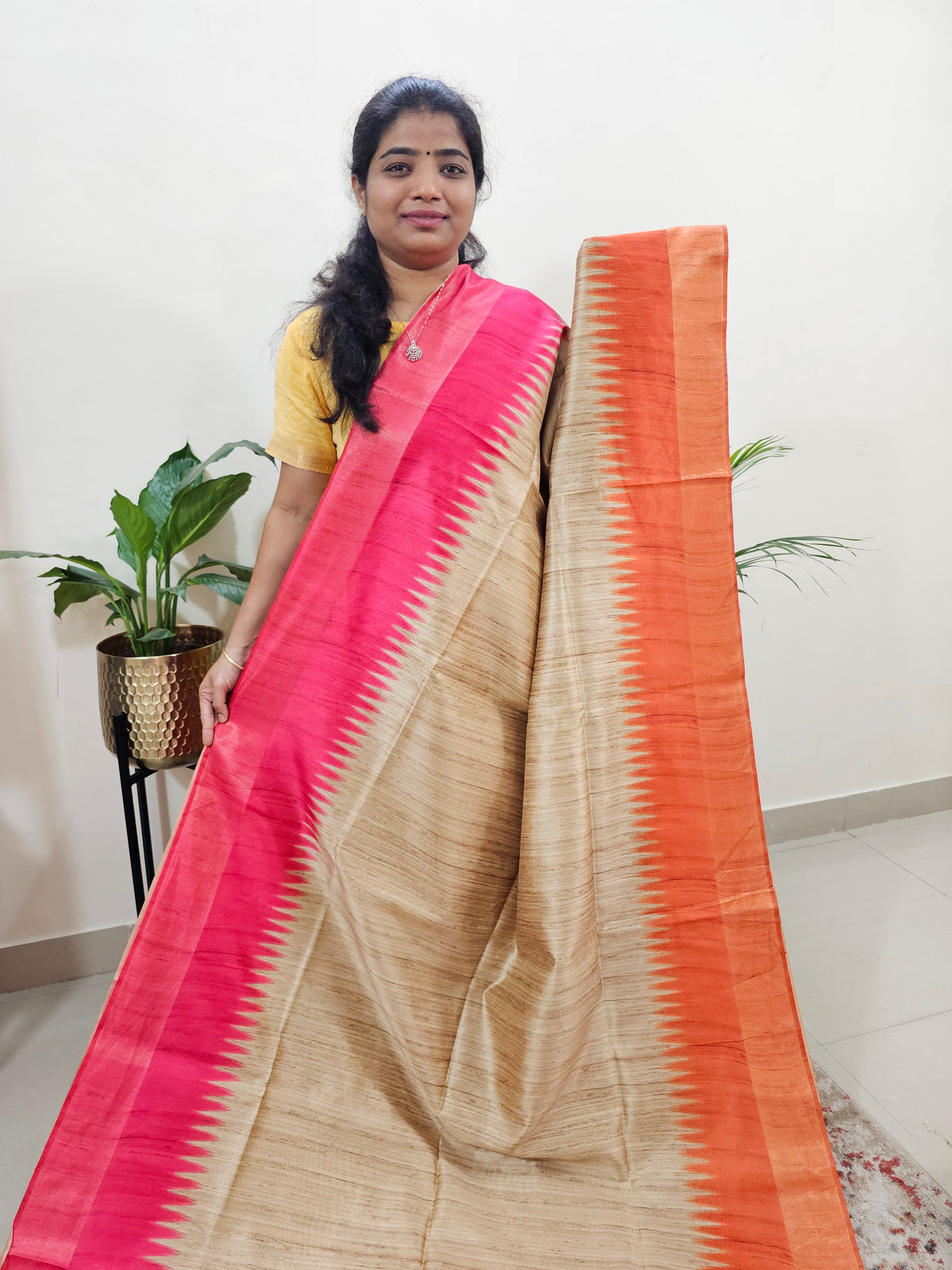 Semi Ghicha Digital Printed Saree - Cream Pink with Orange