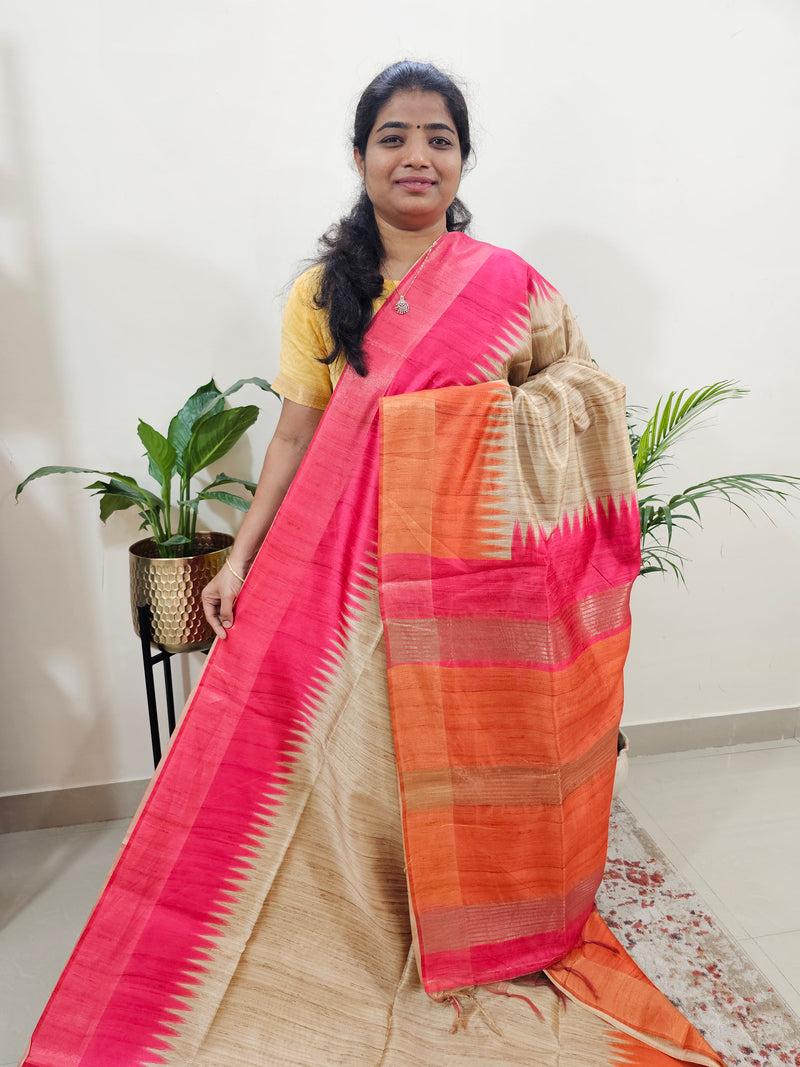 Semi Ghicha Digital Printed Saree - Cream Pink with Orange