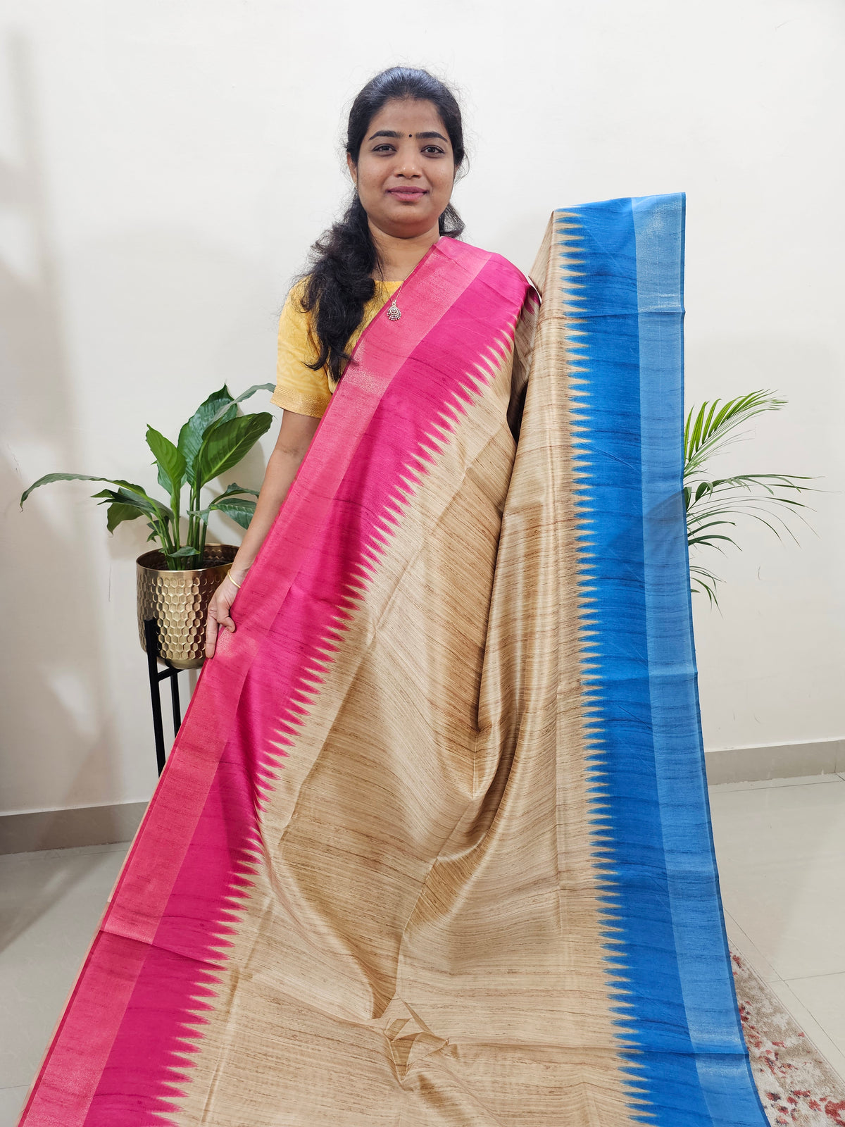 Semi Ghicha Digital Printed Saree - Cream Blue with Pink