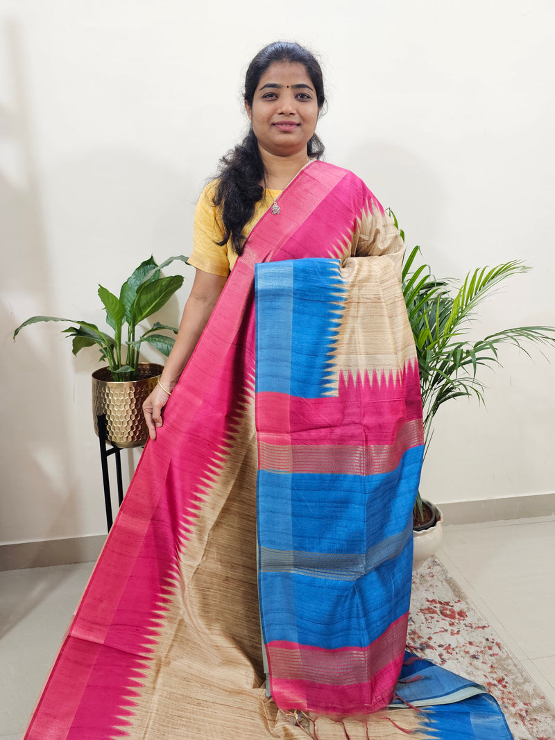 Semi Ghicha Digital Printed Saree - Cream Blue with Pink