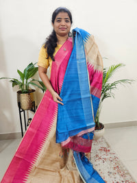 Semi Ghicha Digital Printed Saree - Cream Blue with Pink