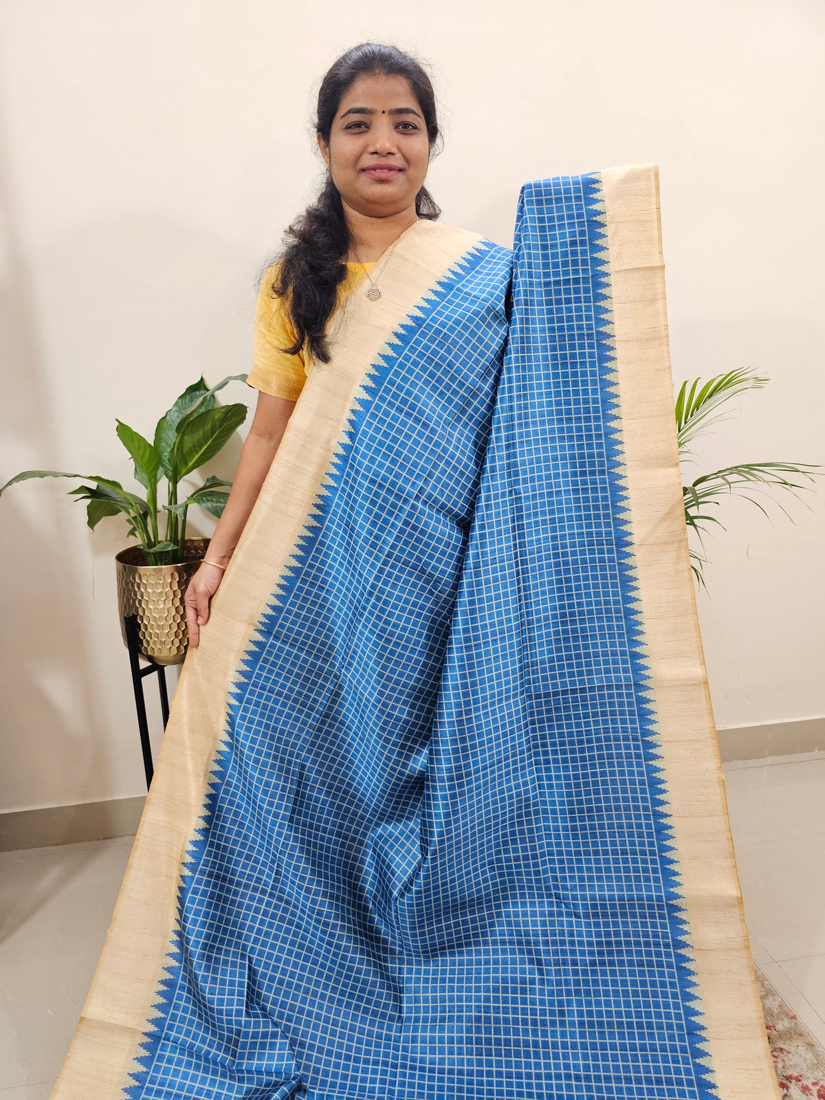 Semi Ghicha Digital Printed Saree - Blue with Cream