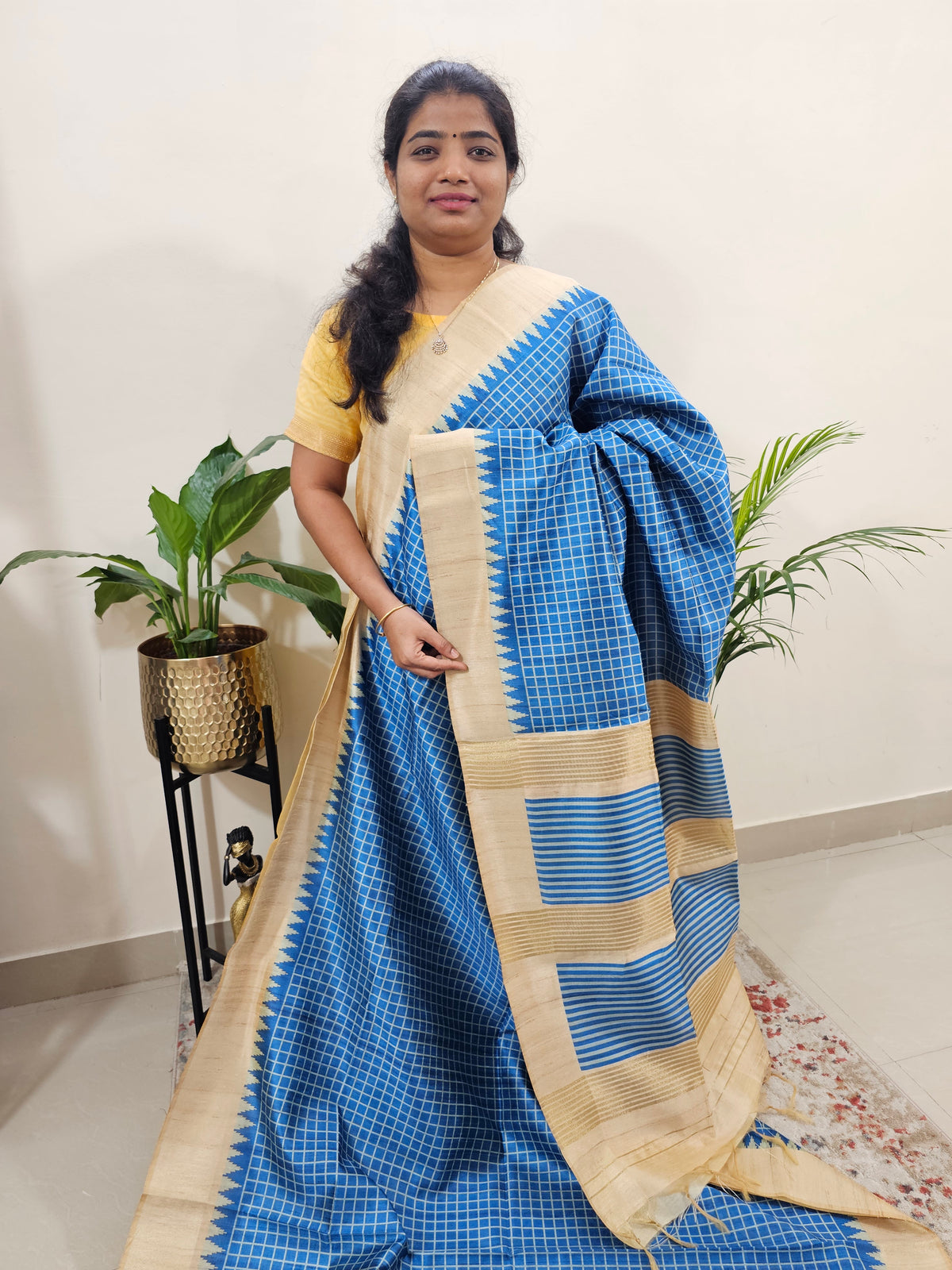 Semi Ghicha Digital Printed Saree - Blue with Cream