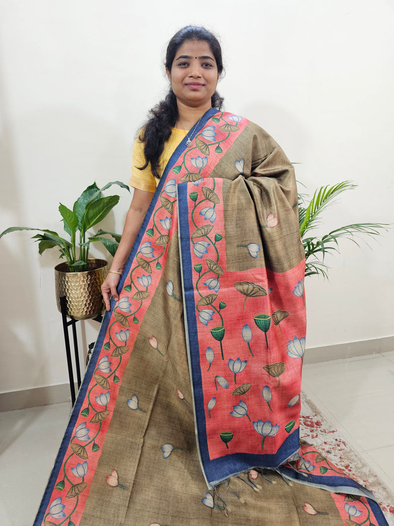 Semi Tussar with Striped Zari Weaving Saree - Brown with Dark Blue