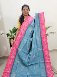 Semi Tussar with Striped Zari Weaving Saree - Blue with Pink