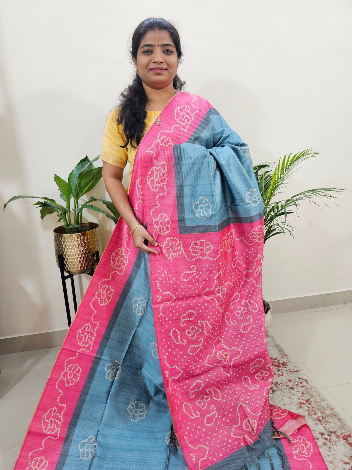 Semi Tussar with Striped Zari Weaving Saree - Blue with Pink