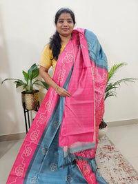 Semi Tussar with Striped Zari Weaving Saree - Blue with Pink