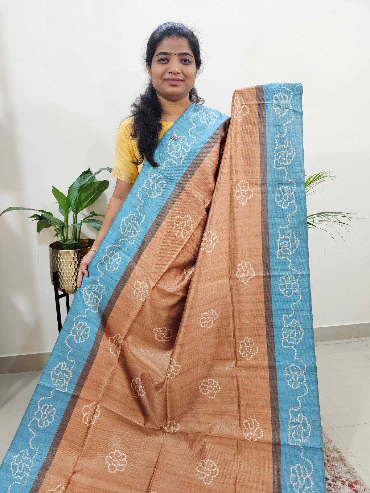 Semi Tussar with Striped Zari Weaving Saree - Brown with Blue