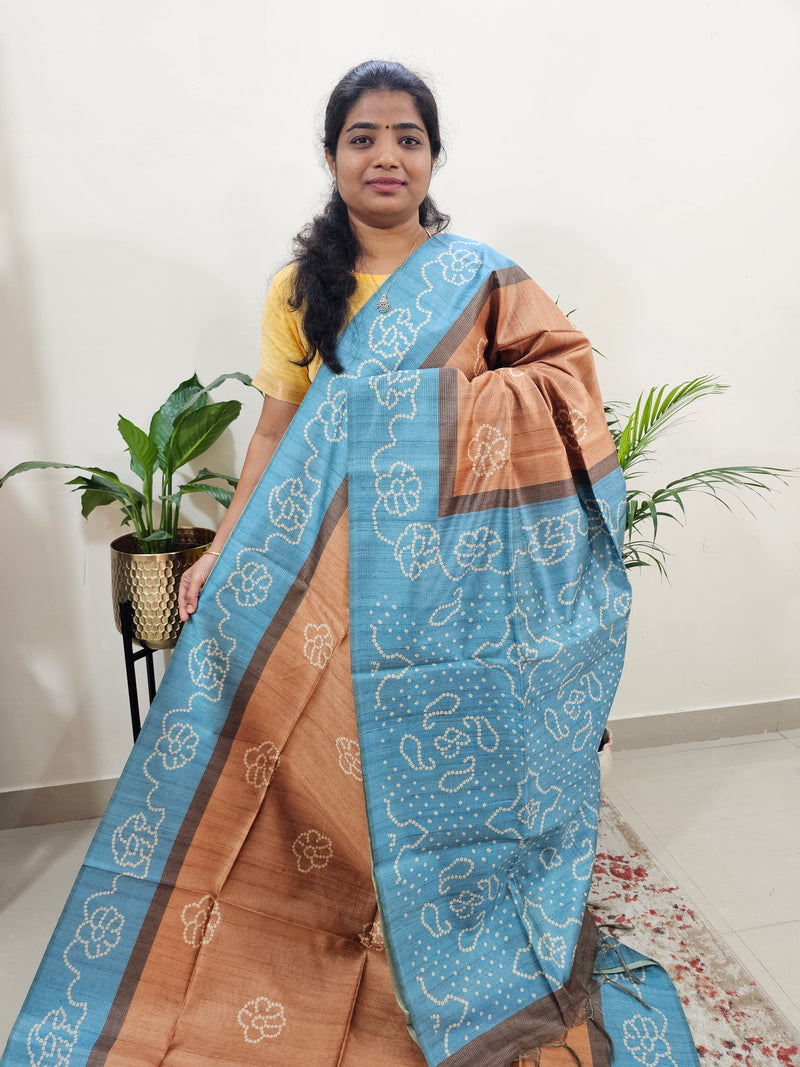 Semi Tussar with Striped Zari Weaving Saree - Brown with Blue