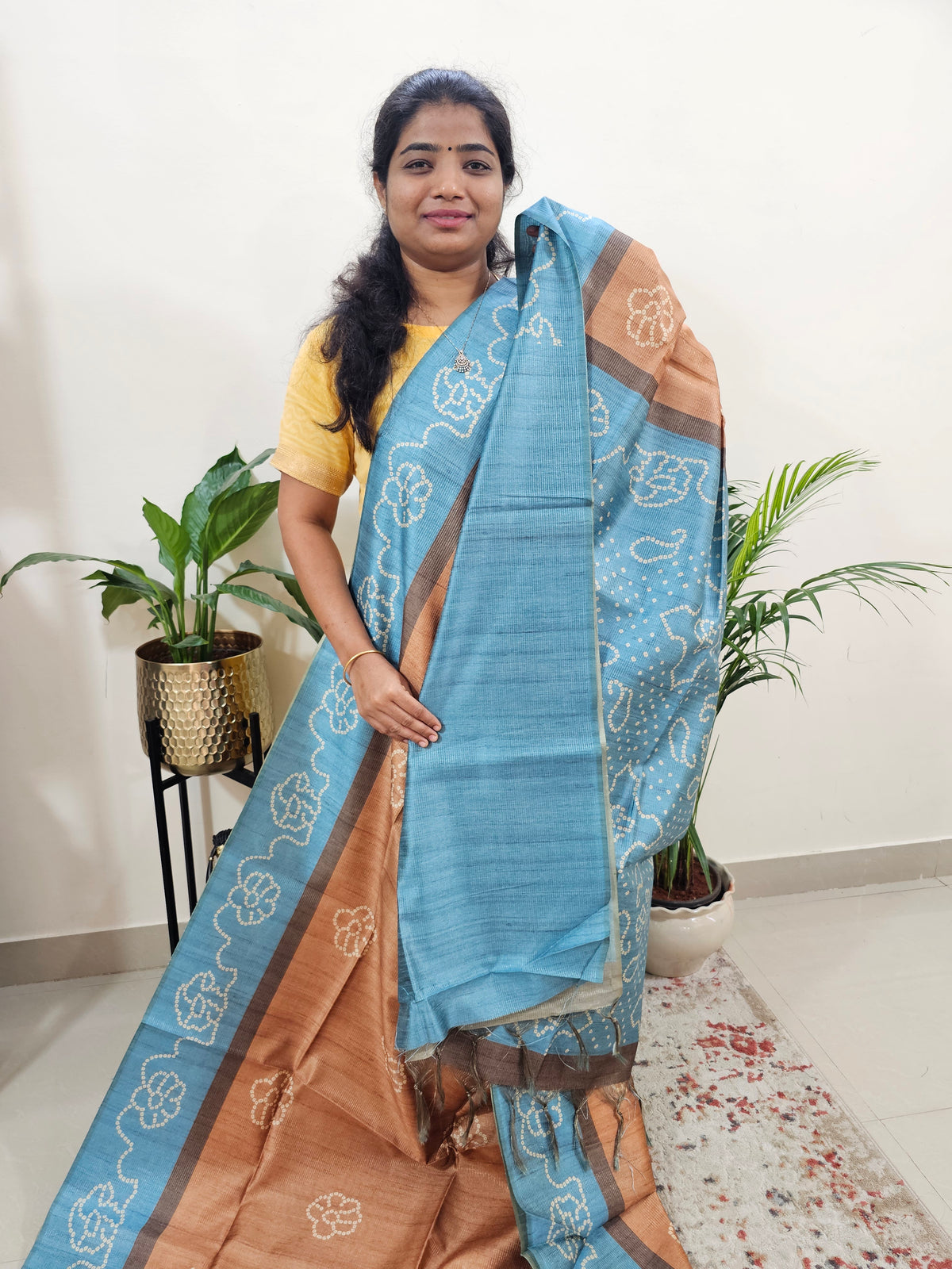 Semi Tussar with Striped Zari Weaving Saree - Brown with Blue