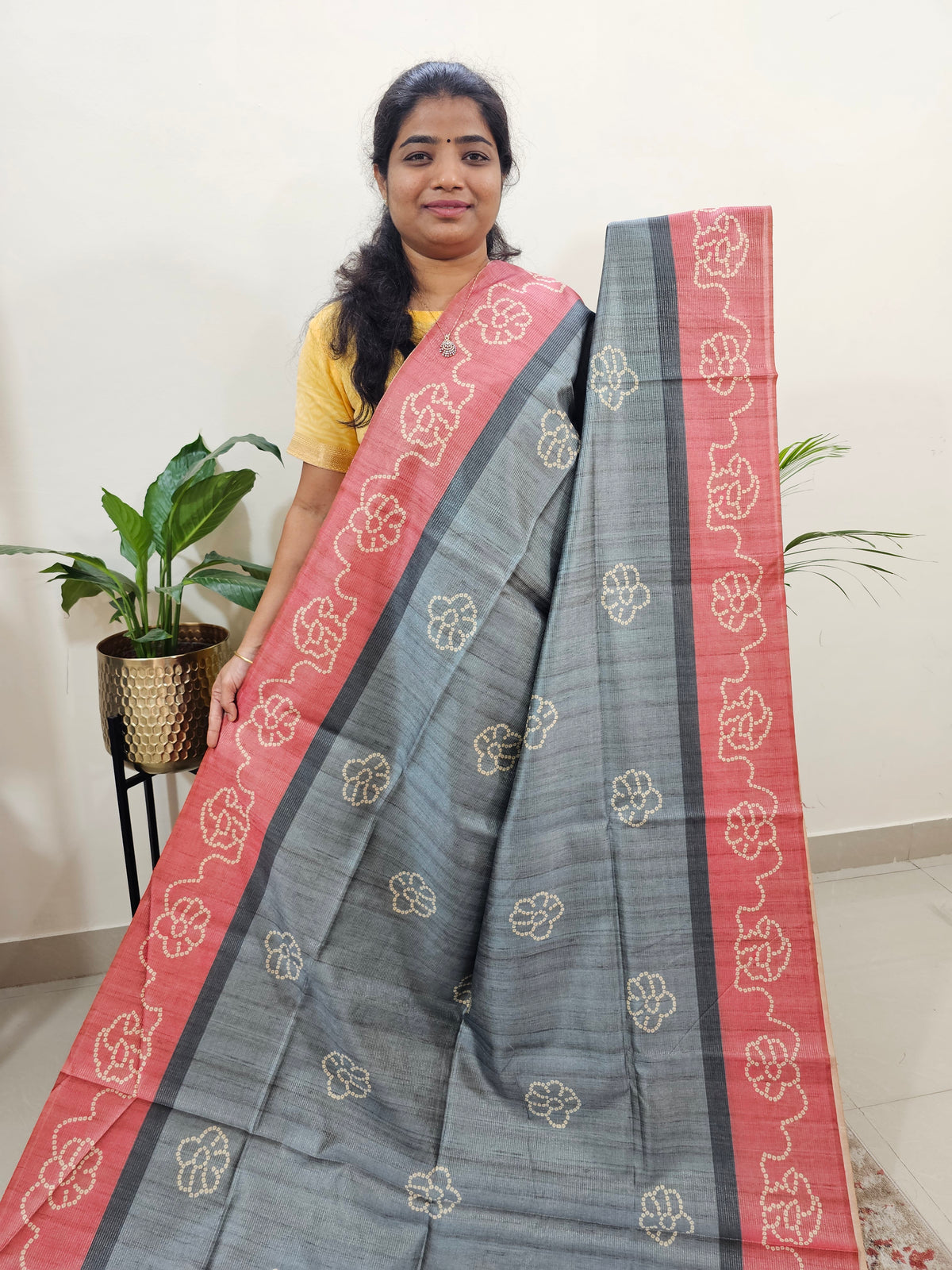 Semi Tussar with Striped Zari Weaving Saree -  Grey with Peach