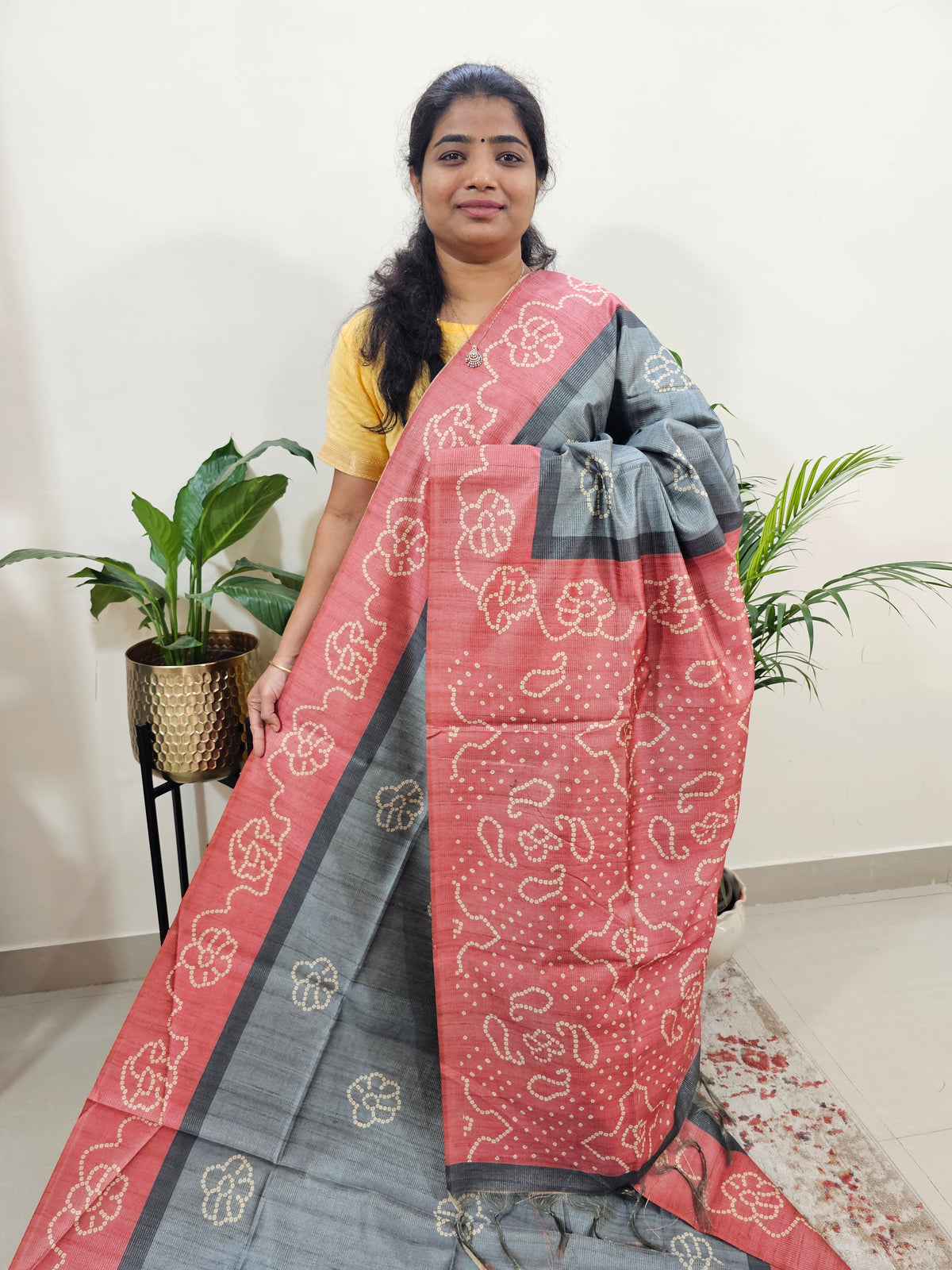 Semi Tussar with Striped Zari Weaving Saree -  Grey with Peach