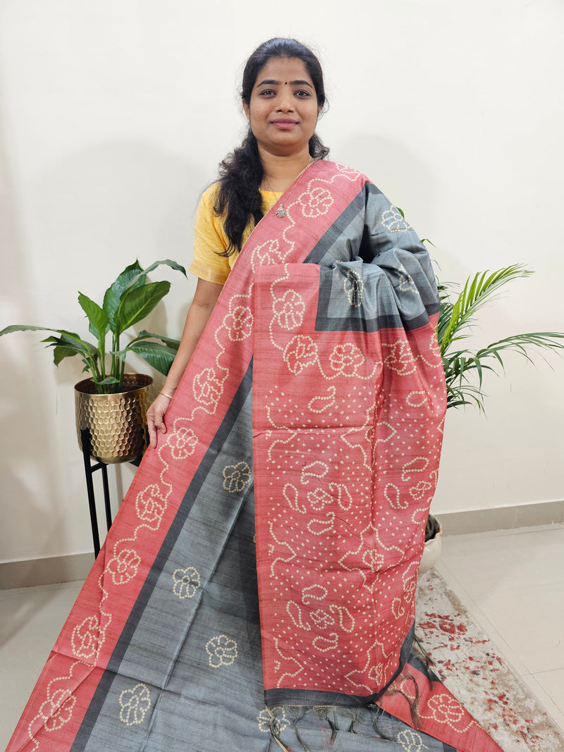 Semi Tussar with Striped Zari Weaving Saree -  Grey with Peach