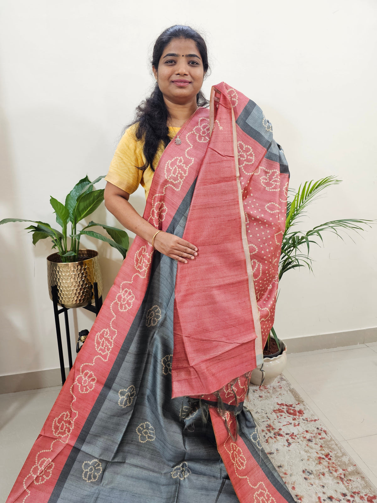 Semi Tussar with Striped Zari Weaving Saree -  Grey with Peach