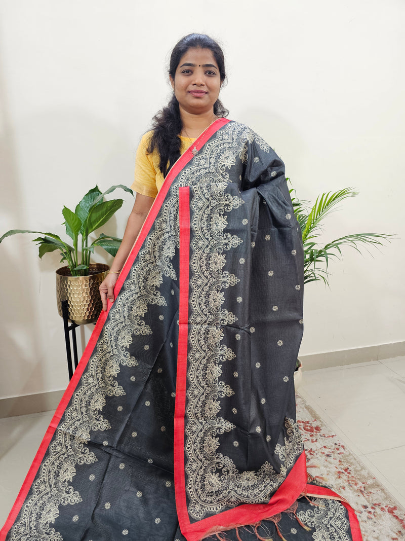 Semi Tussar with Striped Zari Weaving Saree - Black with Red