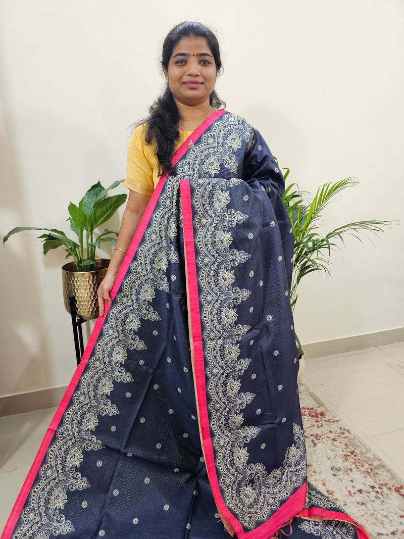 Semi Tussar with Striped Zari Weaving Saree - Blue with Pink