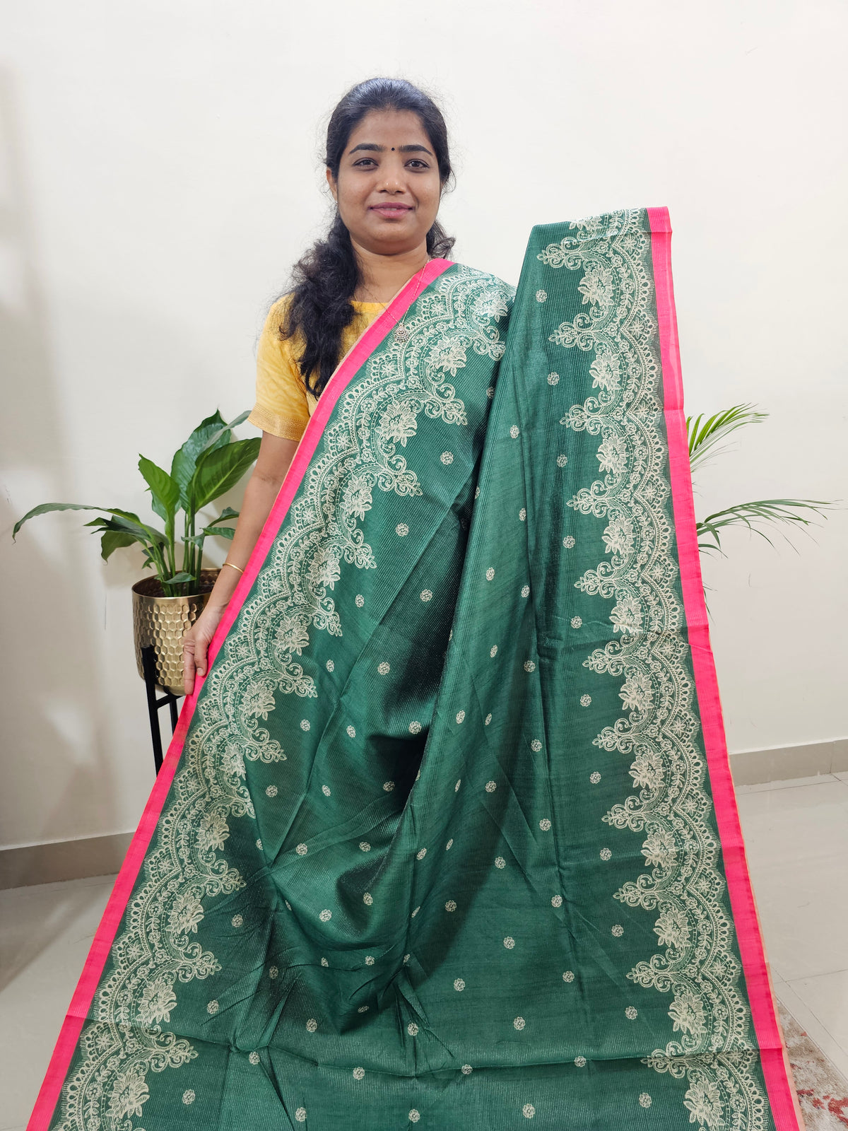 Semi Tussar with Striped Zari Weaving Saree - Bottle Green with Pink