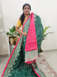 Semi Tussar with Striped Zari Weaving Saree - Bottle Green with Pink