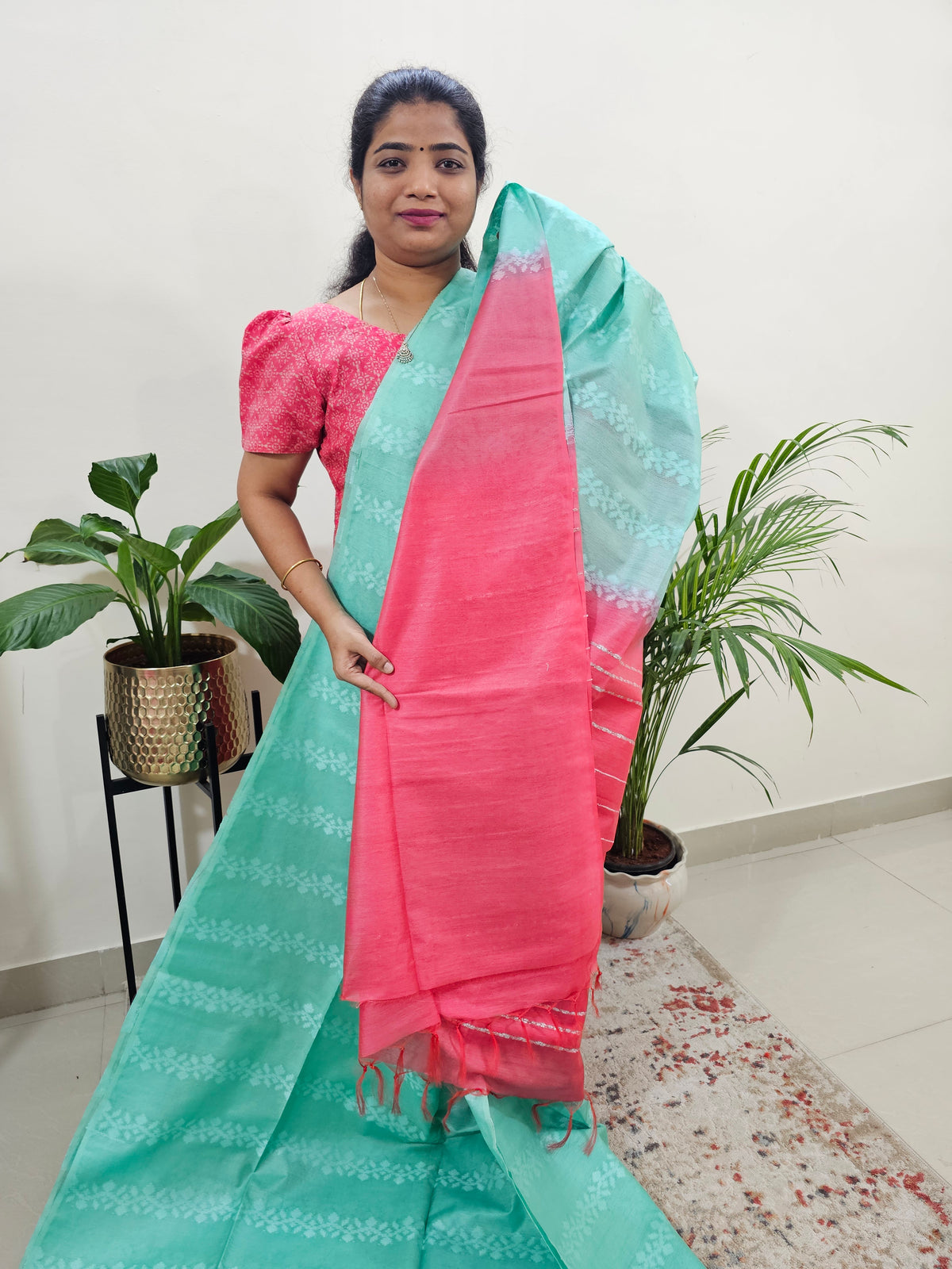 Bhagalpuri Silk Viscous -Sea Green with Pink