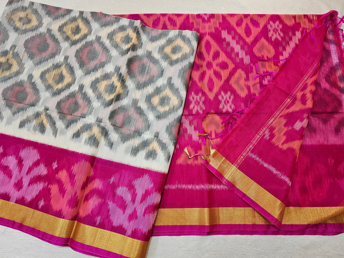 Off-White with Pink Pochampally Ikkat Silk Cotton (SICO Pattu)