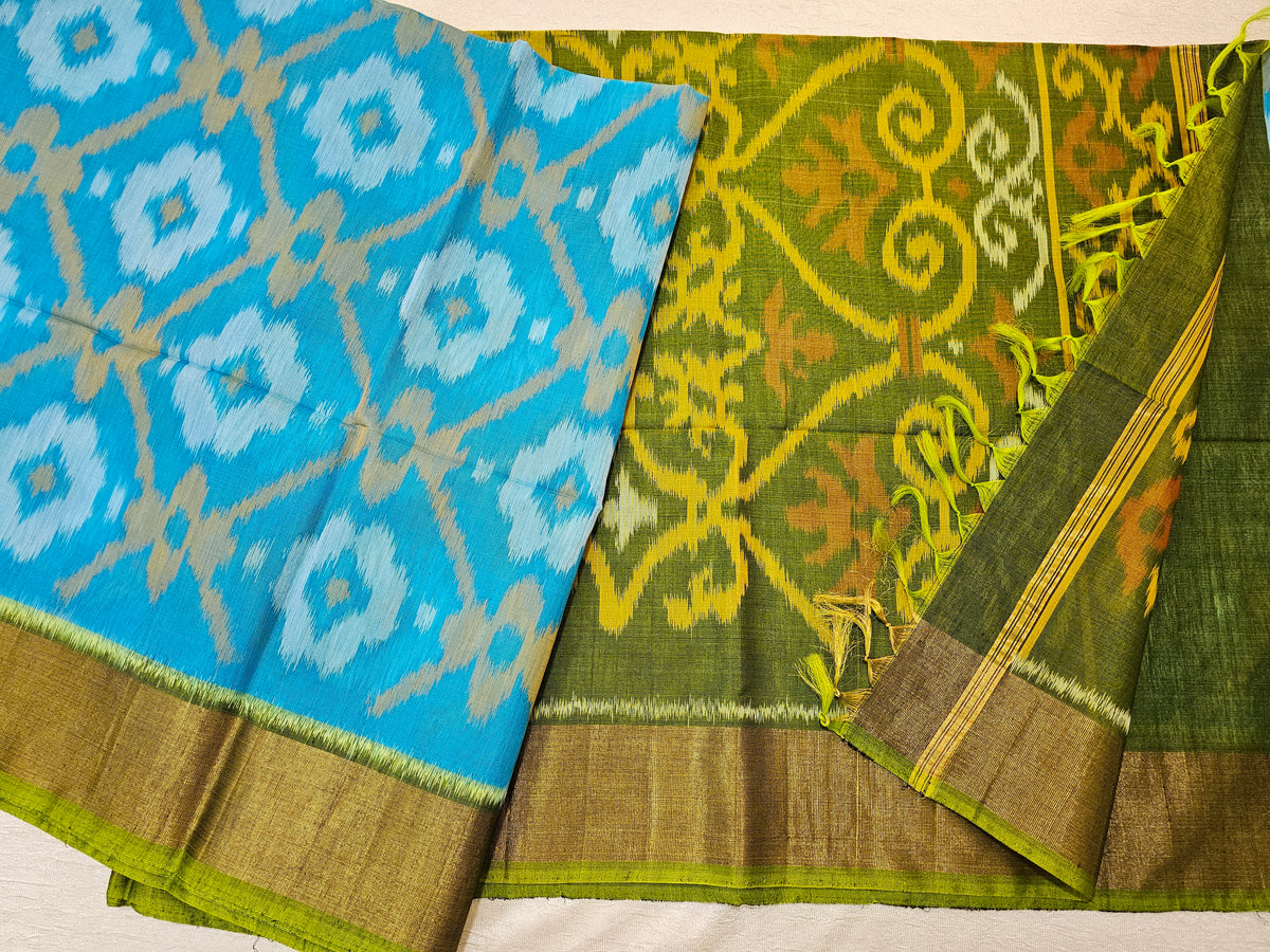 Blue with Green Pochampally Ikkat Silk Cotton (SICO Pattu)