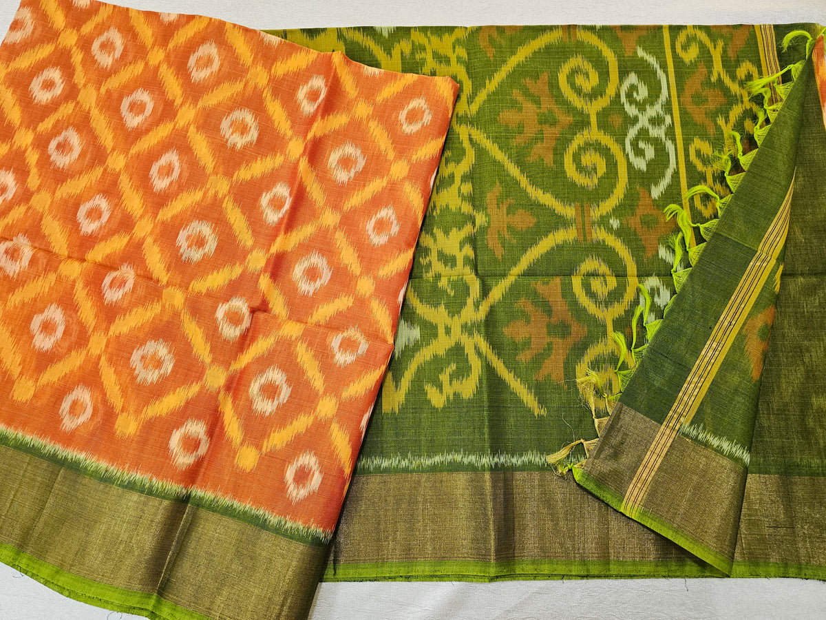 Orange with Green Pochampally Ikkat Silk Cotton (SICO Pattu)