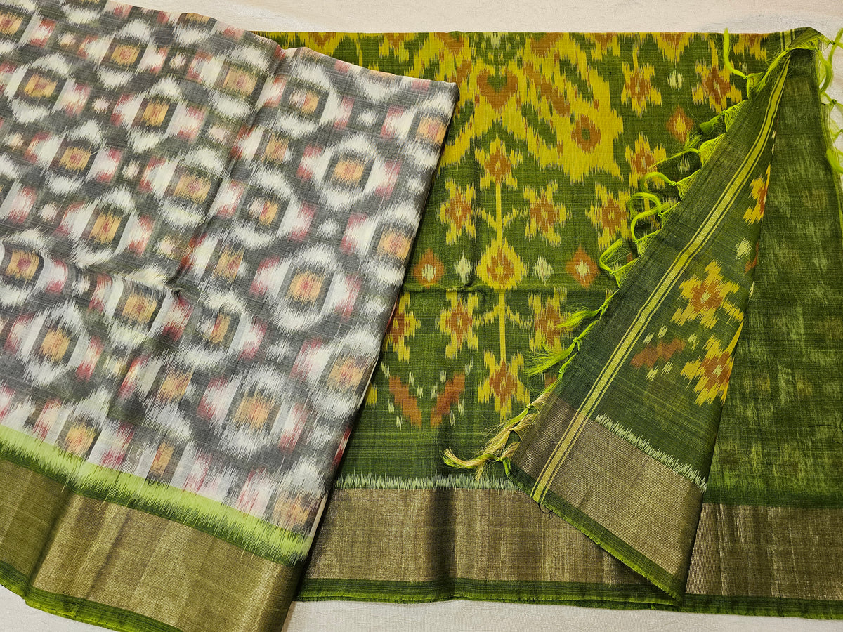 Grey with Green Pochampally Ikkat Silk Cotton (SICO Pattu)