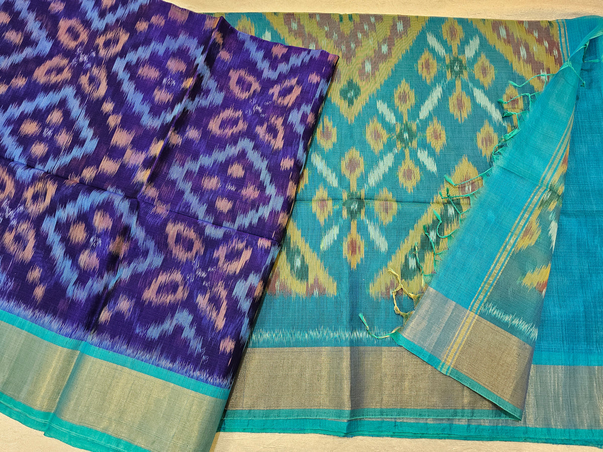 Dark Blue with Blue Pochampally Ikkat Silk Cotton (SICO Pattu)