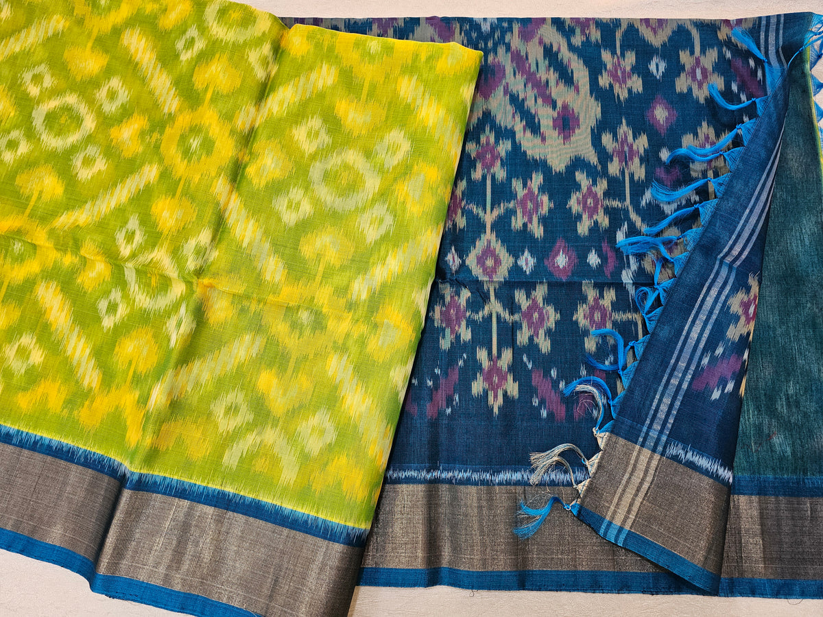 Lime Green with Blue Pochampally Ikkat Silk Cotton (SICO Pattu)