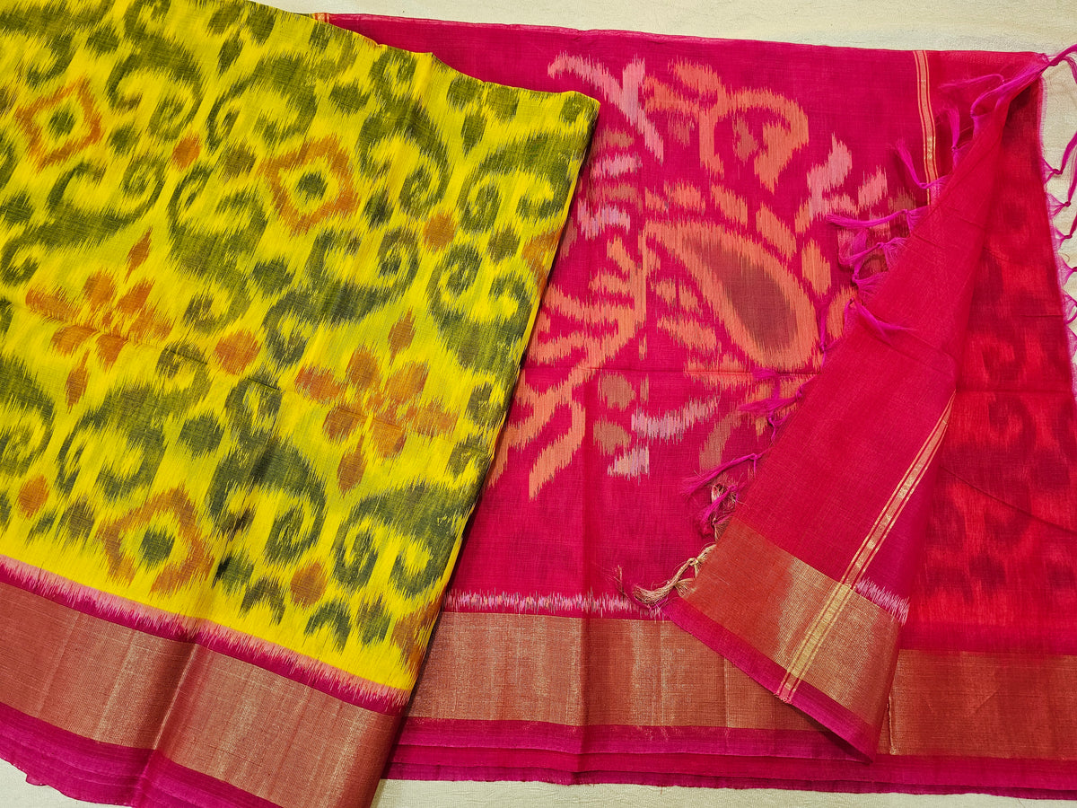 Yellow with Pink Pochampally Ikkat Silk Cotton (SICO Pattu)