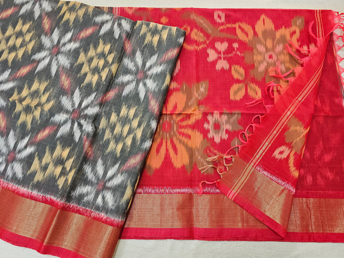 Grey with Peach Pochampally Ikkat Silk Cotton (SICO Pattu)