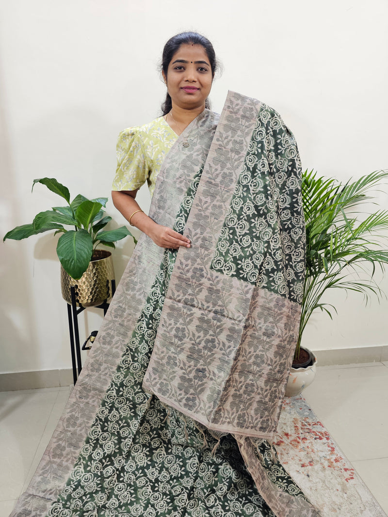 Semi Tussar with Digital Printed Saree - Green
