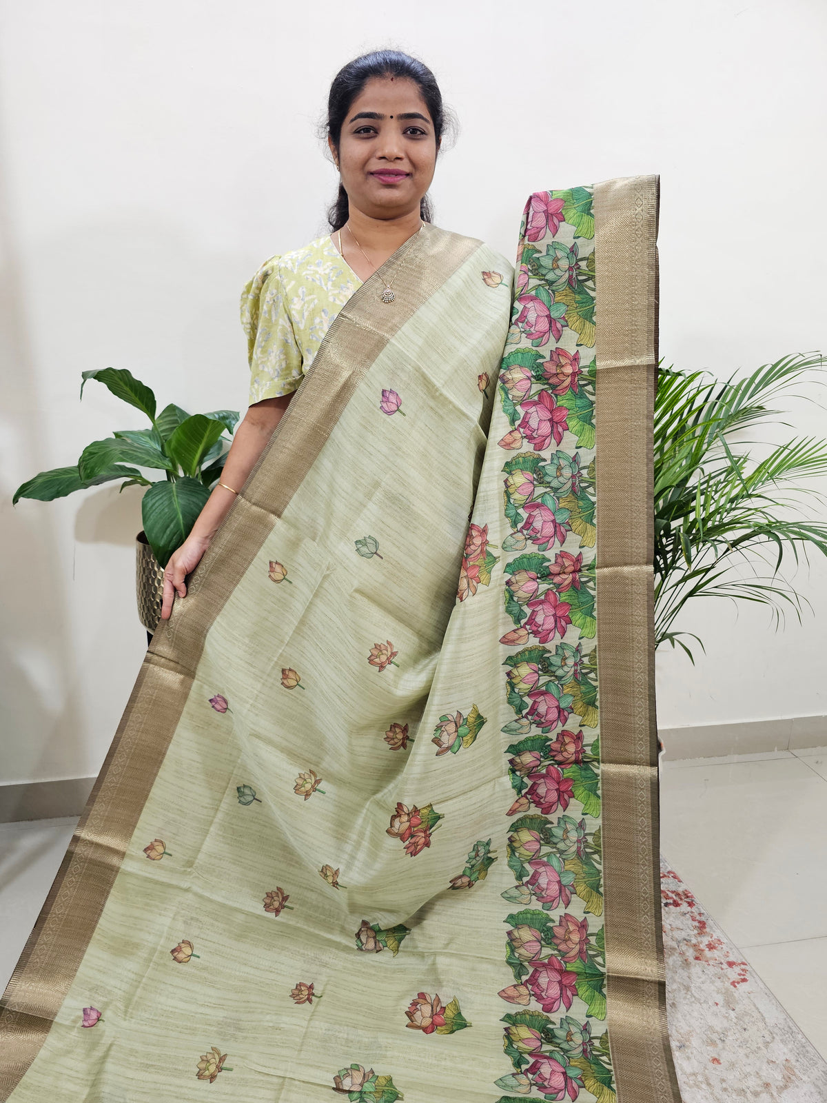 Soft Semi Tussar with Digital Printed Saree - Green