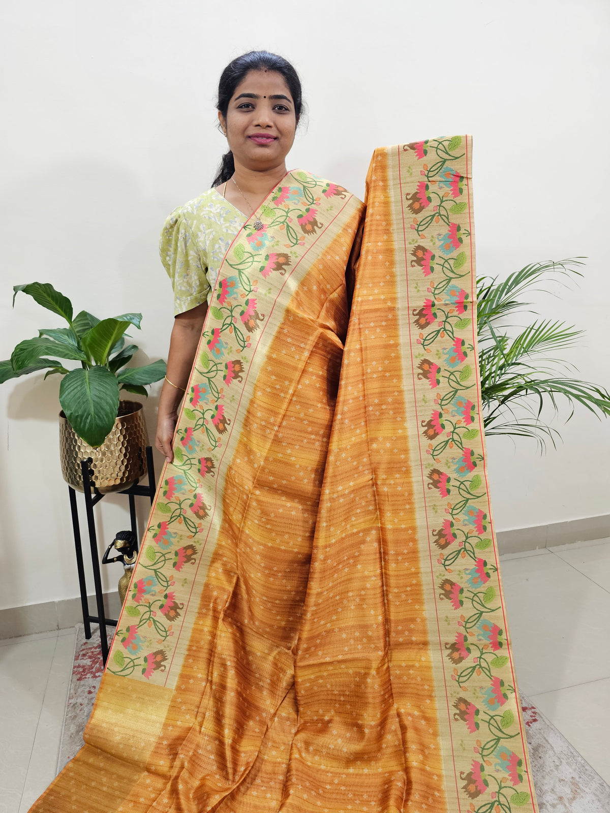 Semi Tussar Digital Prints with Contrast Paithani Border - Golden Yellow