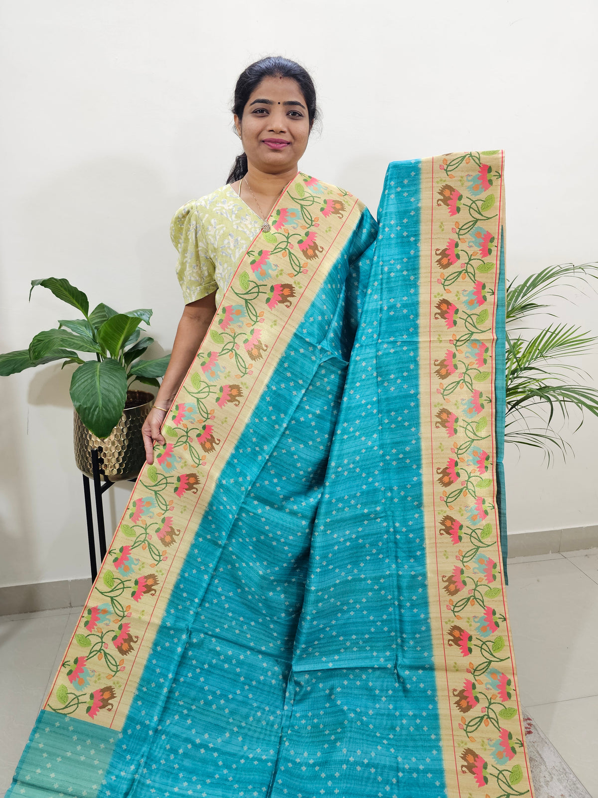 Semi Tussar Digital Prints with Contrast Paithani Border - Blue