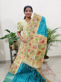 Semi Tussar Digital Prints with Contrast Paithani Border - Blue