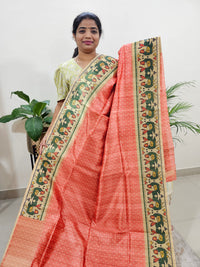 Semi Tussar Digital Prints with Contrast Paithani Border - Peach