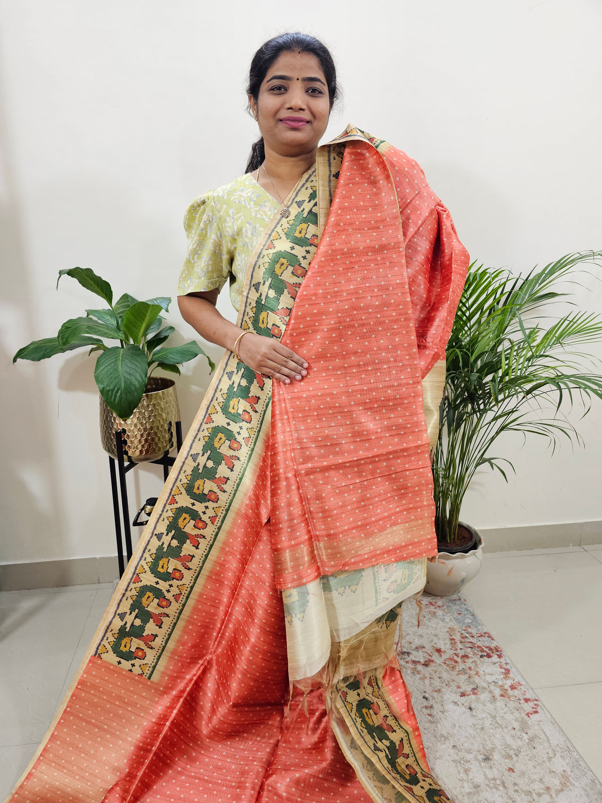 Semi Tussar Digital Prints with Contrast Paithani Border - Peach