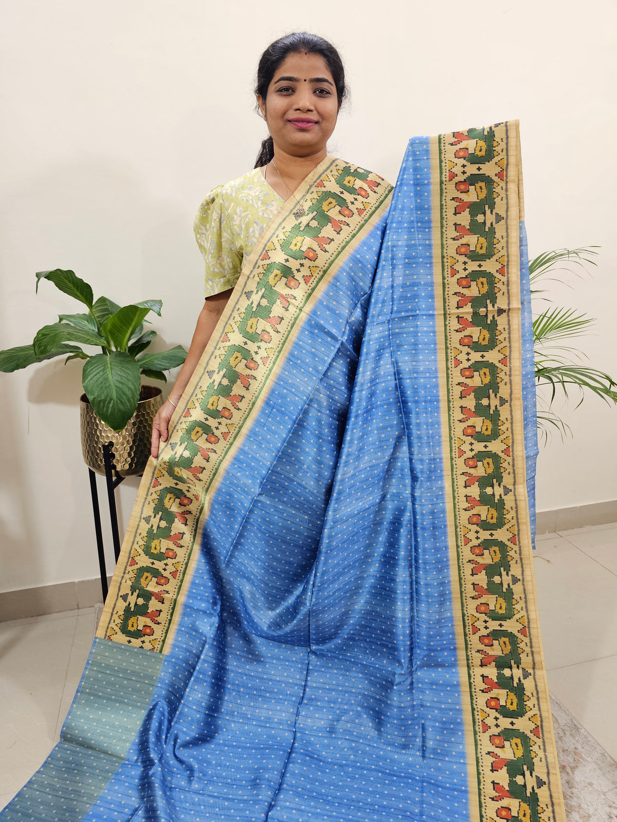 Semi Tussar Digital Prints with Contrast Paithani Border -  Blue