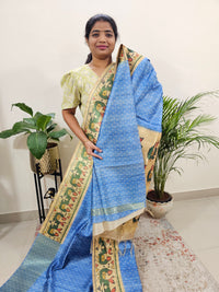 Semi Tussar Digital Prints with Contrast Paithani Border -  Blue