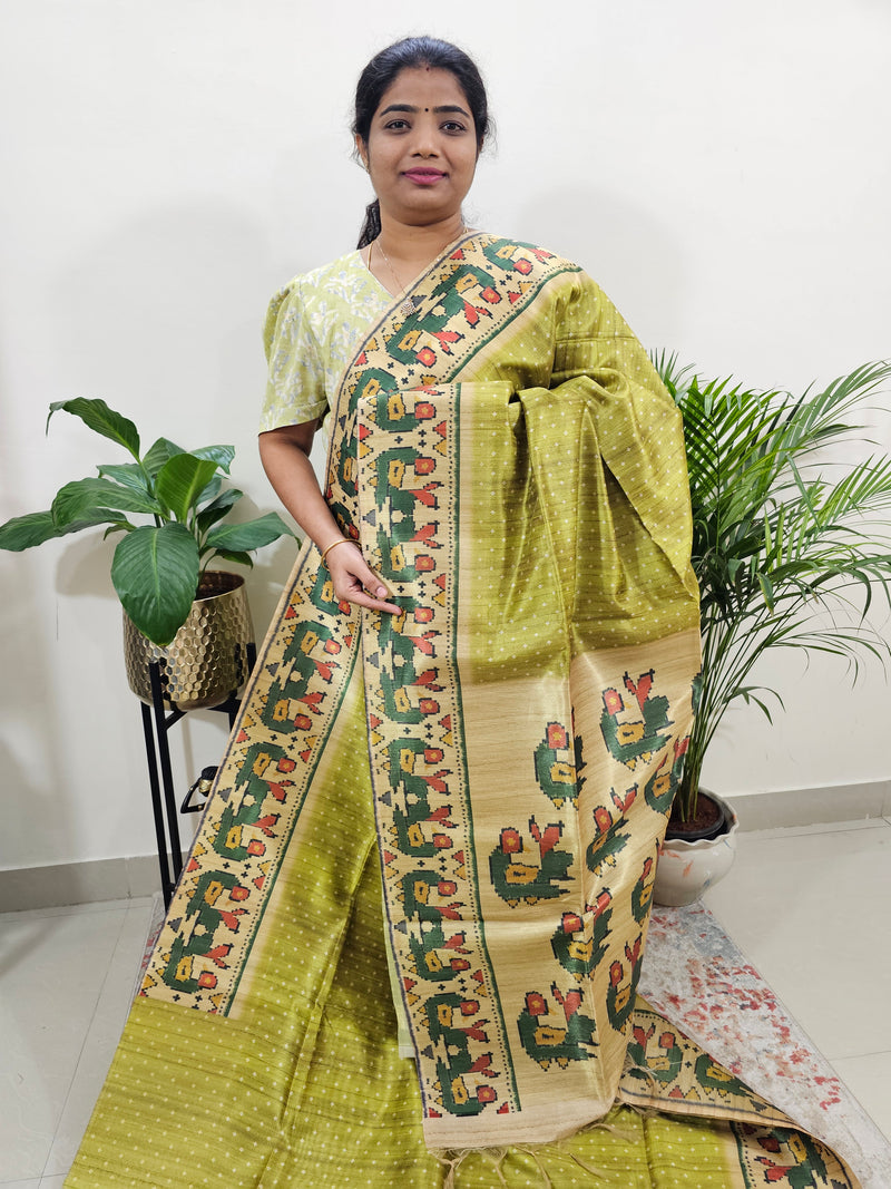 Semi Tussar Digital Prints with Contrast Paithani Border -  Green