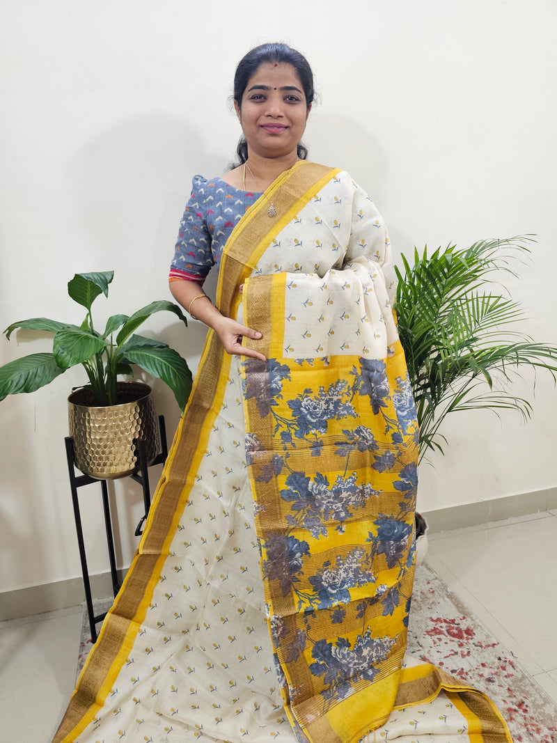 Off-white with Yellow Tussar Silk Saree with Kanchi Border